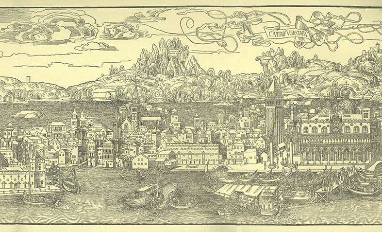 Erhard Reuwich, Veduta prospettica della città (part.), 1486, xilografia